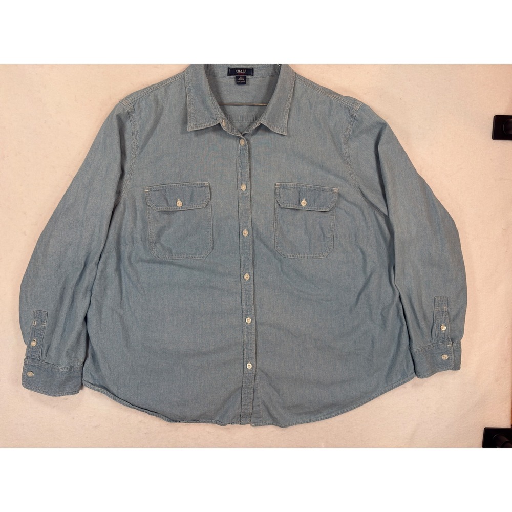 Vintage Chaps Denim Womens 3X Light Wash Cotton Long Sleeve Button Down chambray